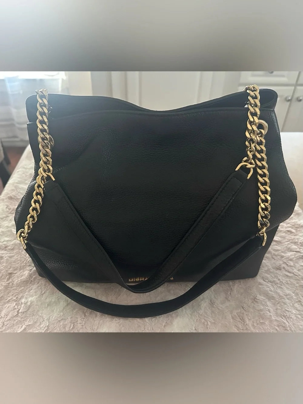 Michael Kors Set: Jet Set Handbag & Continental Wallet In Black Pebbled Leather.